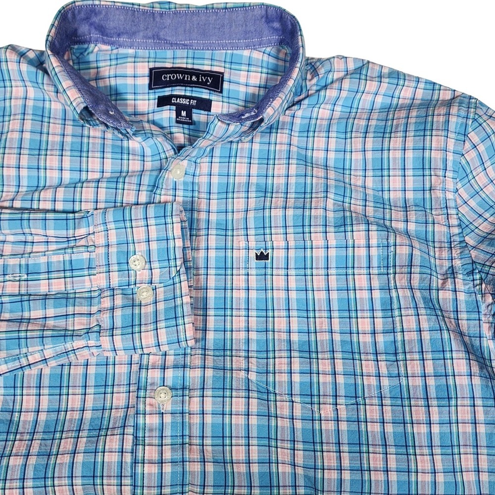 Crown Ivy Classic Fit Plaid Button Down Shirt Men Size Medium Blue Pink Green